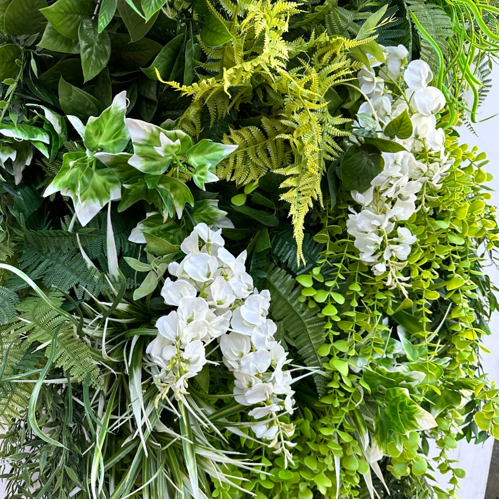 Artificial 3D hanging raft with lush green foliage and trailing white wisteria 100x50cm ceiling or wall
