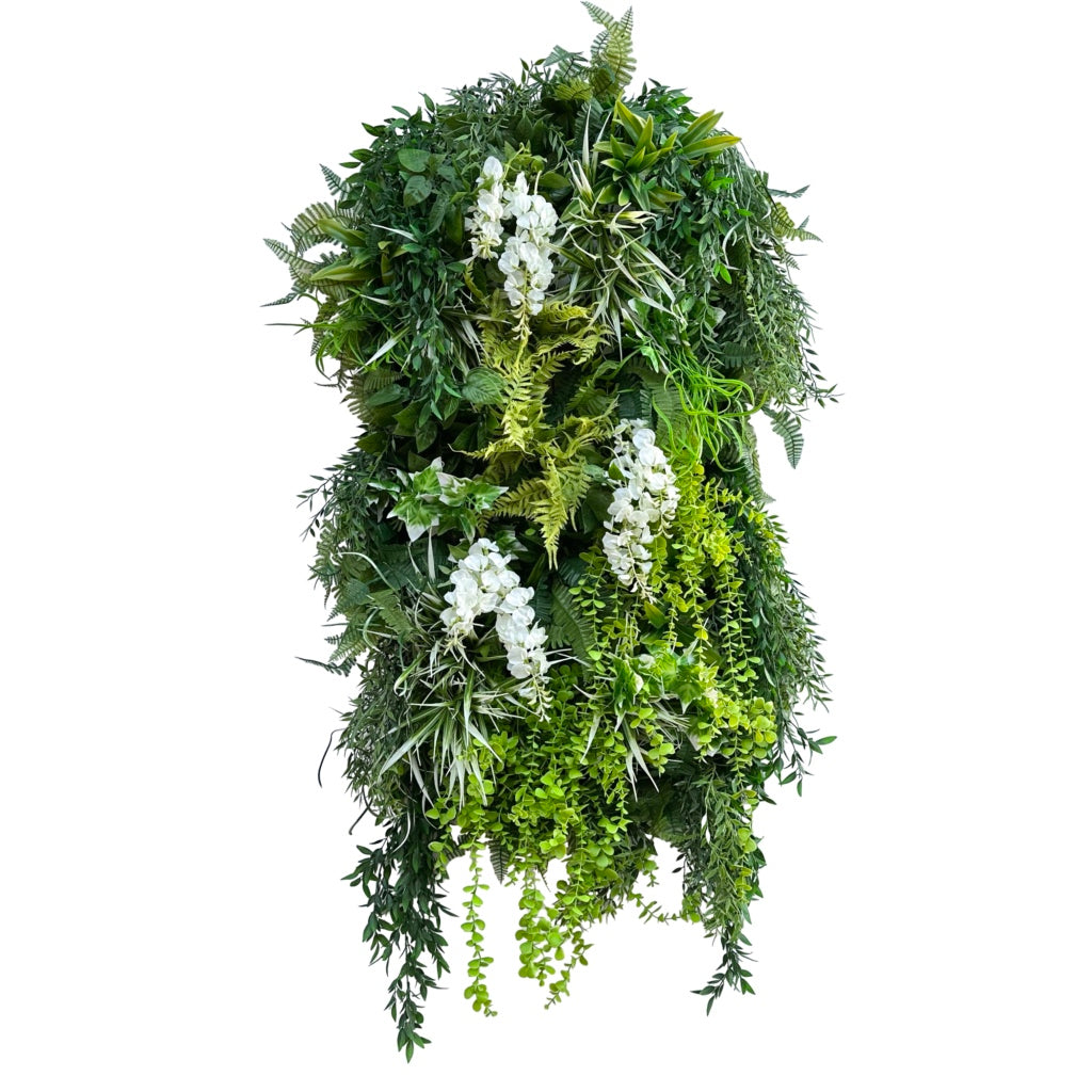 Artificial 3D hanging raft with lush green foliage and trailing pink wisteria 100x50cm ceiling or wall