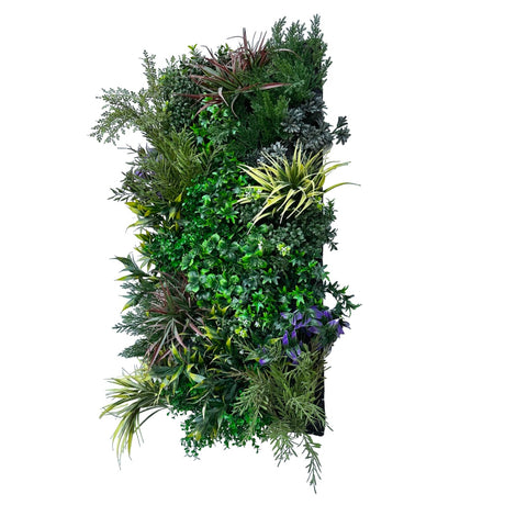 Artificial 3D plant wall with lush dark and light green foliage, yellows and whites 100x50cm