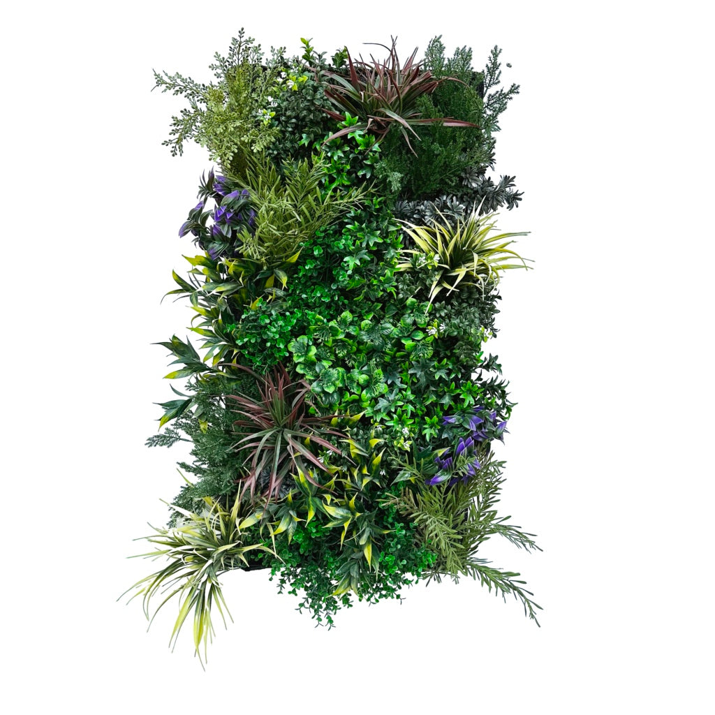 Artificial 3D plant wall with lush dark and light green foliage, yellows and whites 100x50cm