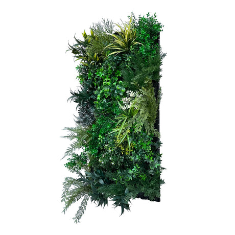 Artificial 3D plant wall with lush dark and light green foliage, yellows  and whites 100x50cm