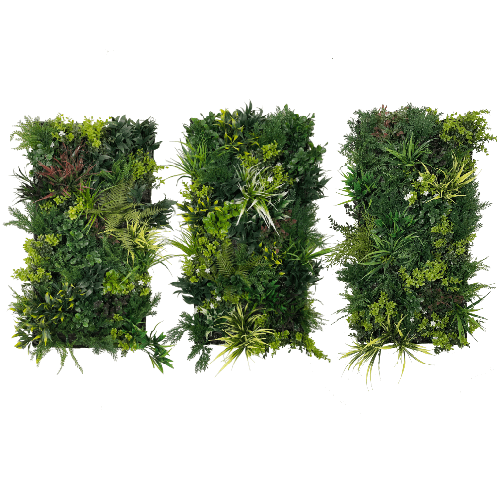 Three artificial plant wall panels, rectangular with dense mixed green foliage clusters