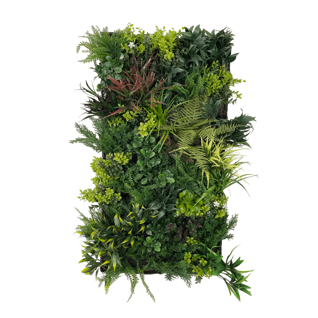 Artificial 3D plant wall panel with dense green, lime and dark foliage, 100x50cm