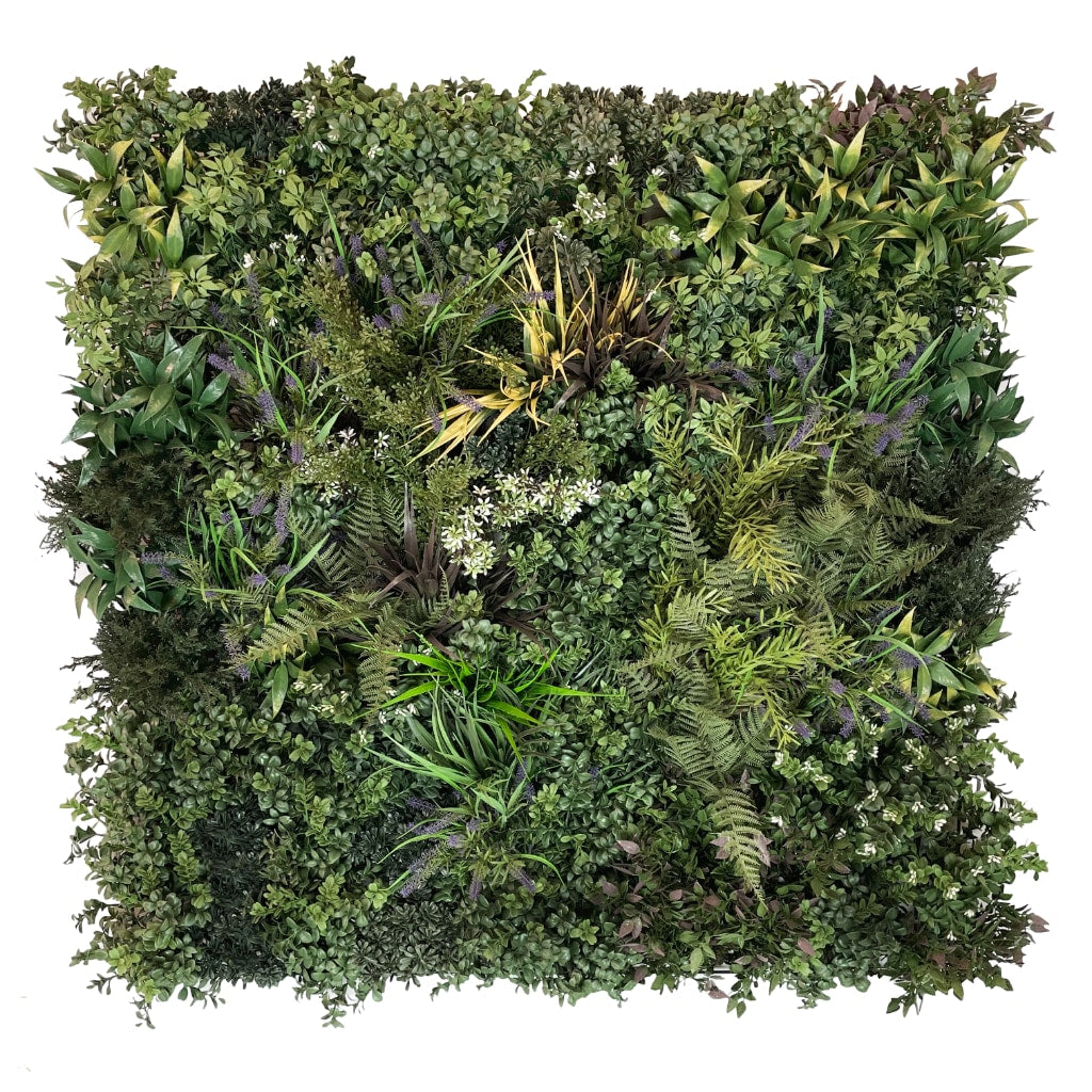 Artificial 3D plant wall with green yellow red foliage and purple lavenders - 100x100cm
