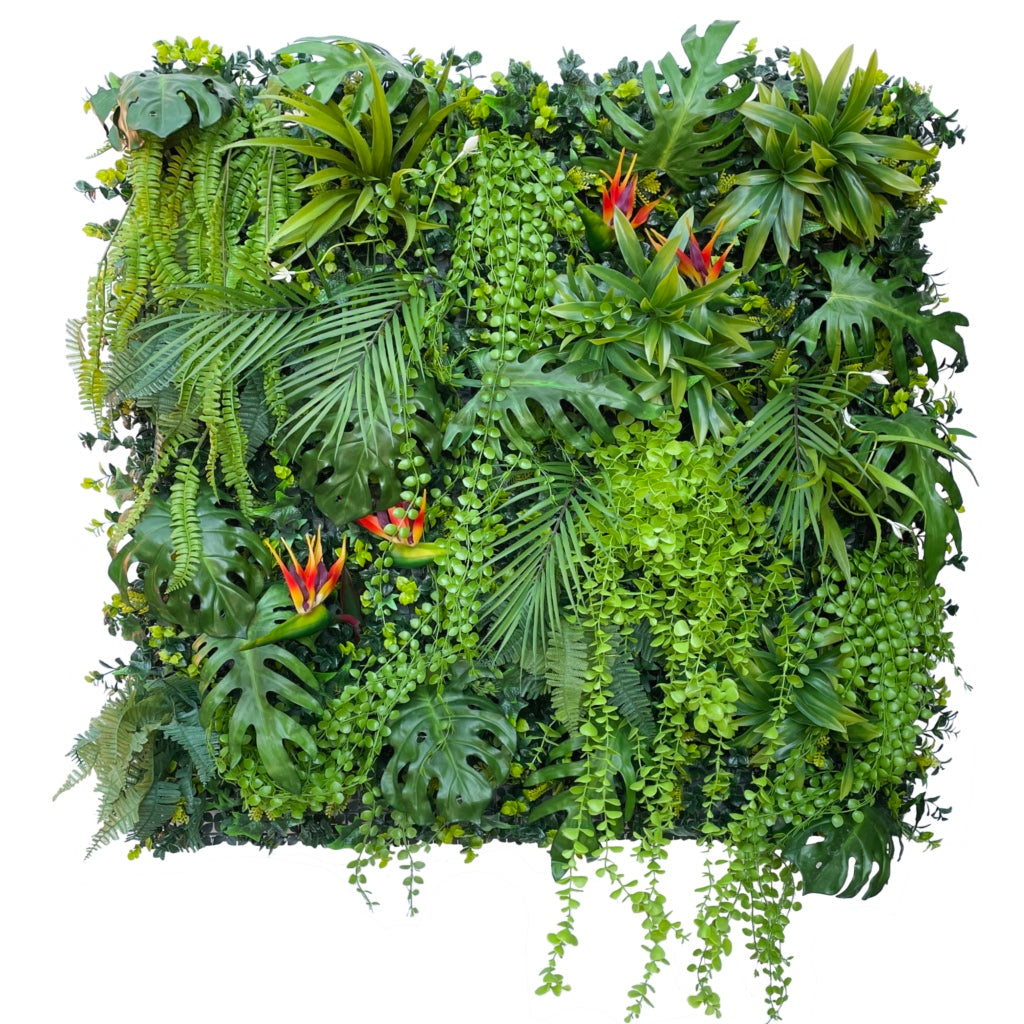 Artificial tropical plant wall panel with dense green foliage and red bird-of-paradise flowers