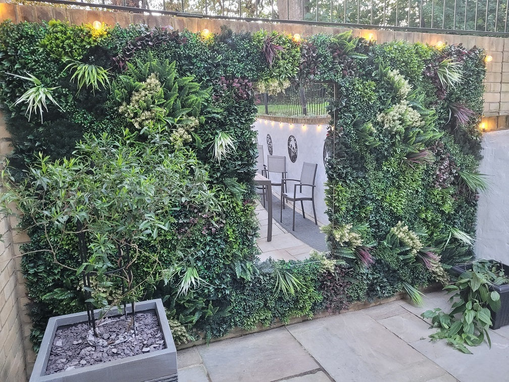 Combo of 3 x Artificial green wall panel with variegated mixed green red and white foliage