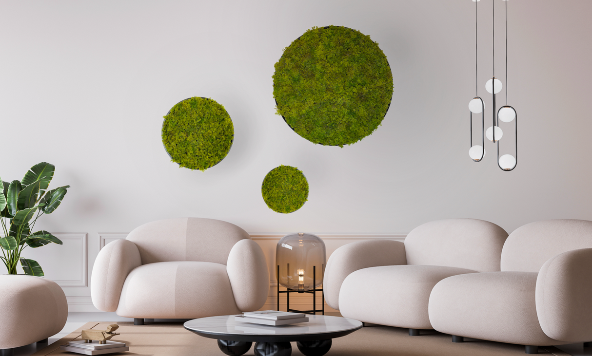 Artificial reindeer moss wall circular art panel MDF Black - 30cm