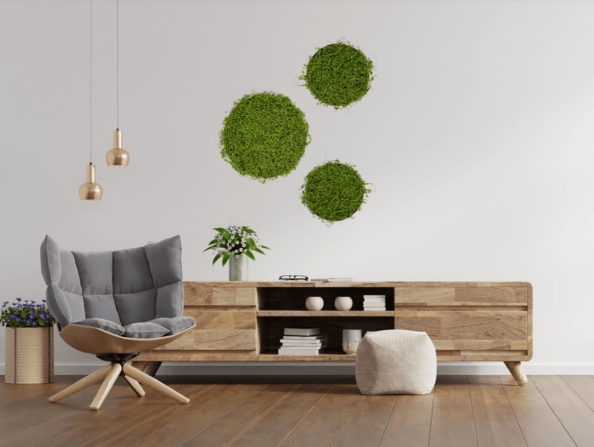 Circular faux moss wall art panels, dark green tufted surfaces, 30 cm