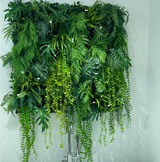 Green jungle tropical artificial 3D plant wall with lush green tropical foliage and trailing plants 100x100cm for ceiling or walls