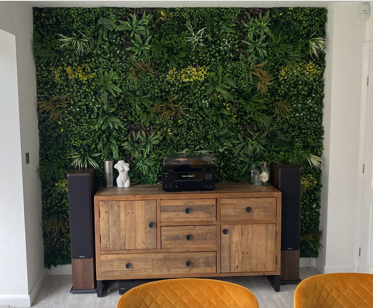 Artificial green wall panel with variegated mixed green, yellow, red foliage & white flowers 100x100 cm