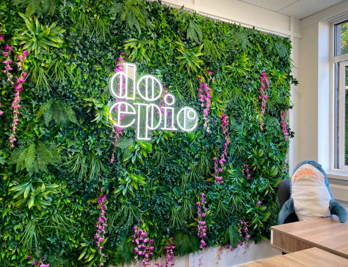 Artificial green wall panel with variegated foliage and purple trailing bacopa 100x100 cm