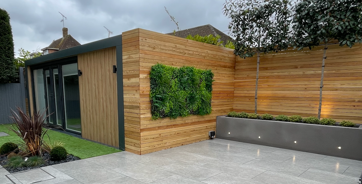 Artificial green wall panel with mixed green & yellow foliage & purple-red leaves 100x100 cm