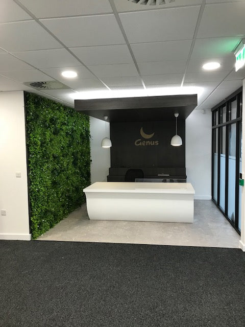Artificial green wall mixed plant panel with white flowers 100x100 cm - www.greenplantwalls.co.uk
