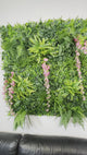 Artificial green wall panel with variegated foliage and pink trailing sweet peas 100x100 cm