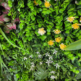 Artificial green wall panel with variegated mixed greens, red , white and yellow flowers  100x100 cm
