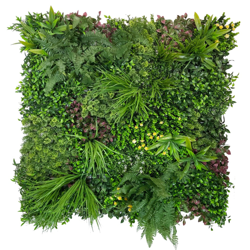 Artificial green wall panel with variegated mixed greens, red , white and yellow flowers  100x100 cm