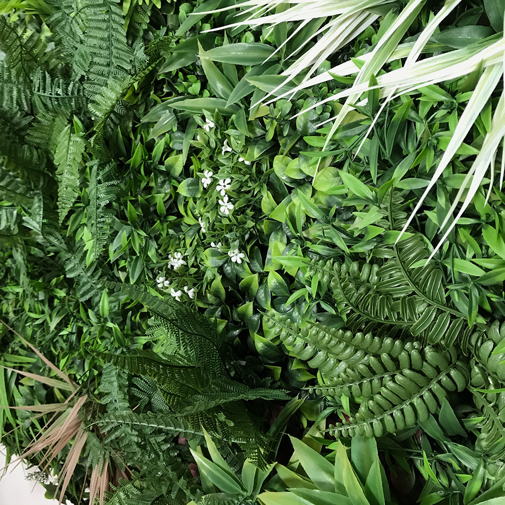 Artificial green wall panel with mixed green, purple, red foliage,white flowers 100x100 cm