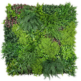 Artificial green wall panel with variegated mixed greens, palms, grasses, reds, white and yellow flowers  100x100 cm