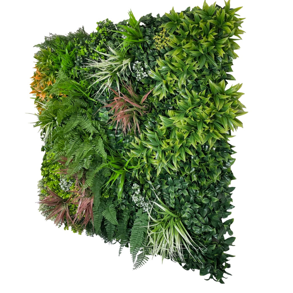 Artificial green wall panel with mixed green orange red and white foliage, white and yellow flowers 100x100 cm