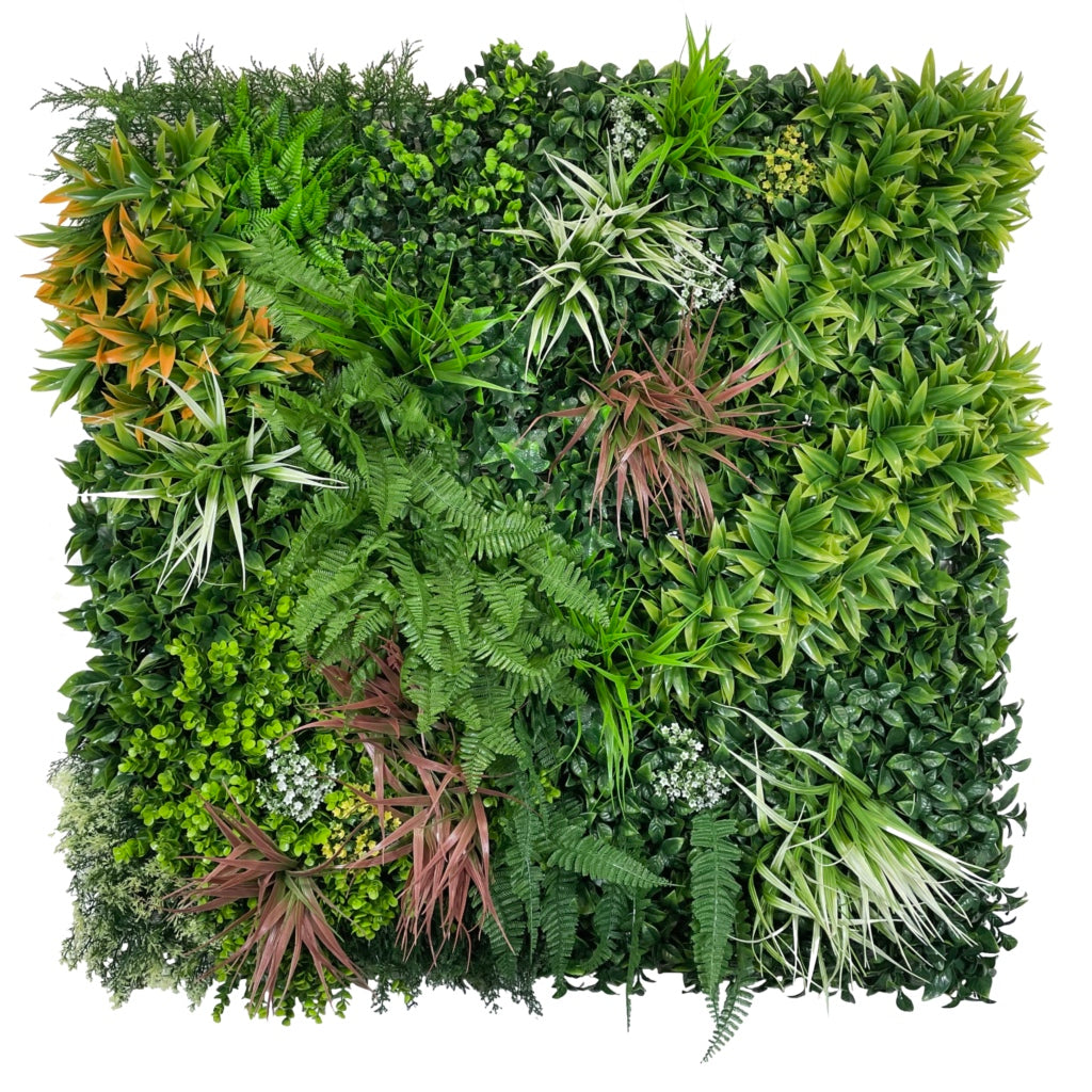 Artificial green wall panel with mixed green orange red and white foliage, white and yellow flowers 100x100 cm