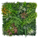 Artificial green wall panel with mixed green orange red and white foliage, white and yellow flowers 100x100 cm