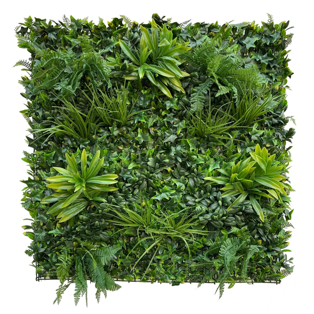 Artificial green wall panel with variegated foliage ivy palms grasses and ferns 100x100 cm