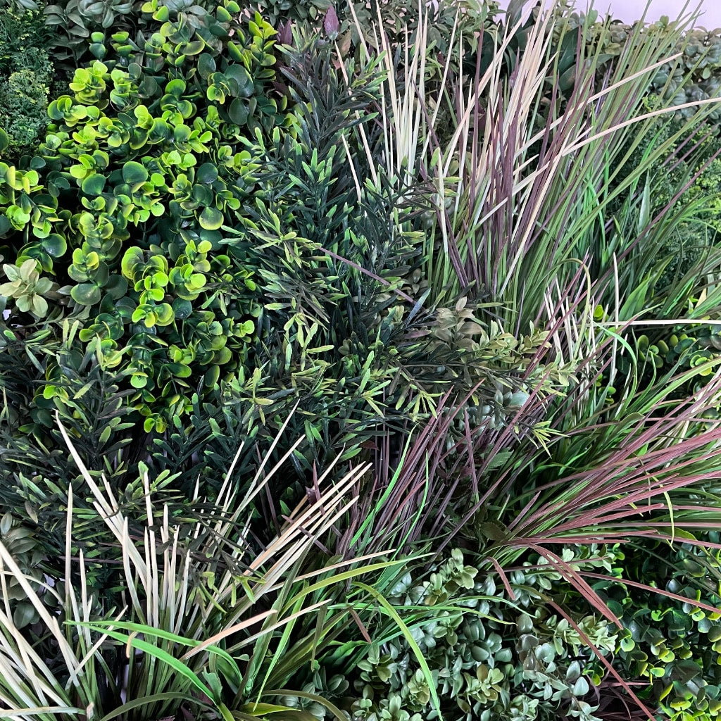 Artificial 3d plant wall with greens and red foliage and white flowers  - 100x100cm