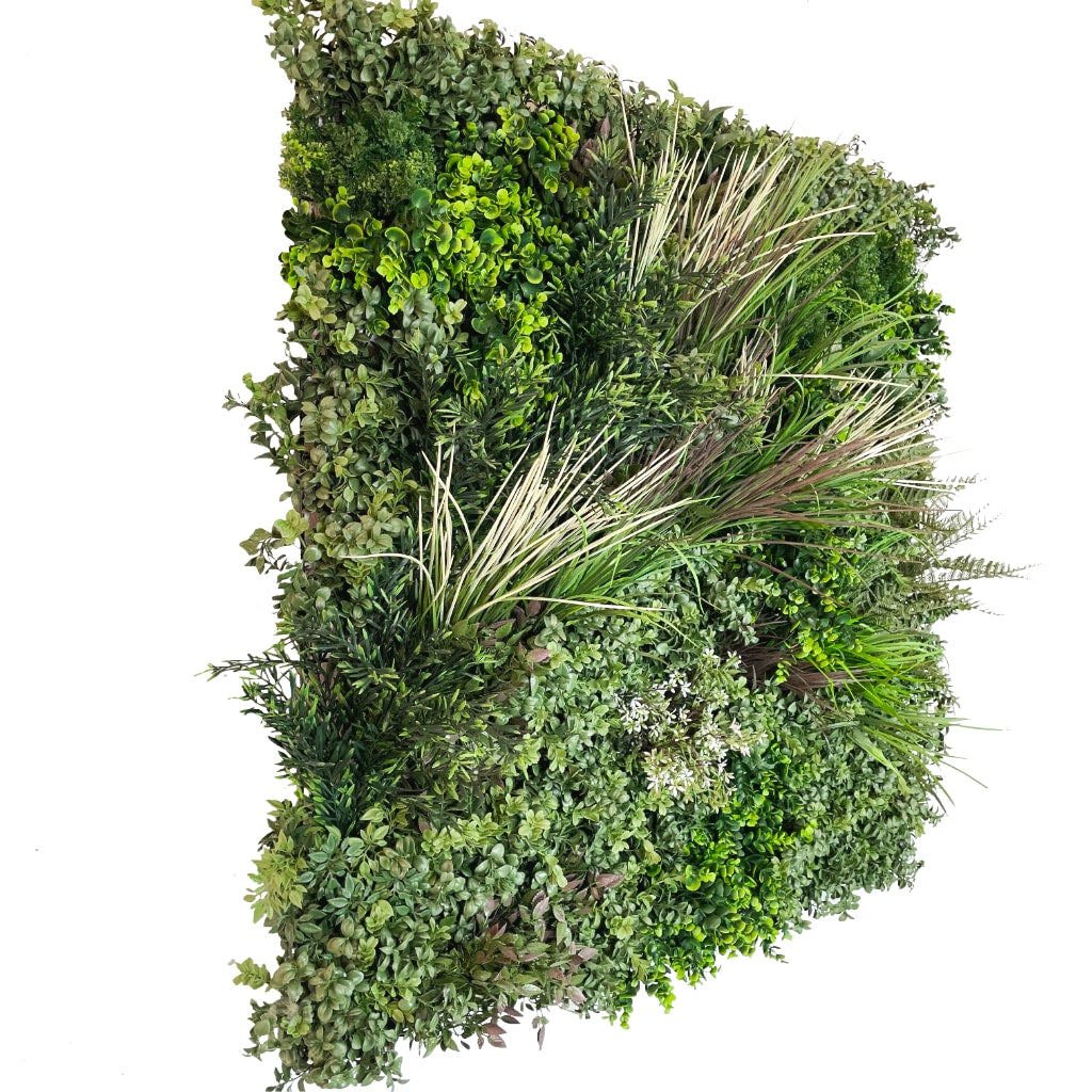 Artificial 3d plant wall with greens and red foliage and white flowers  - 100x100cm