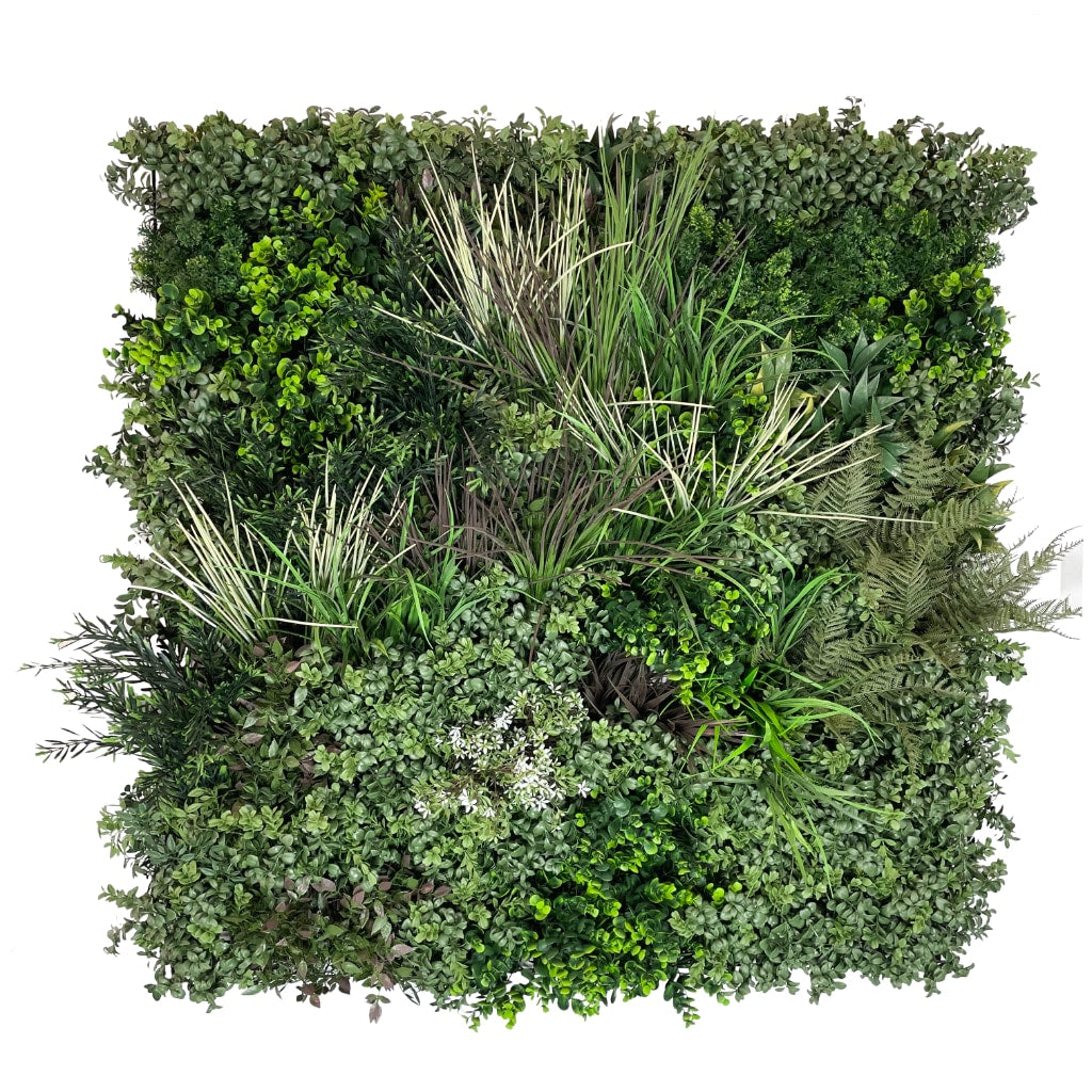 Artificial 3d plant wall with greens and red foliage and white flowers  - 100x100cm