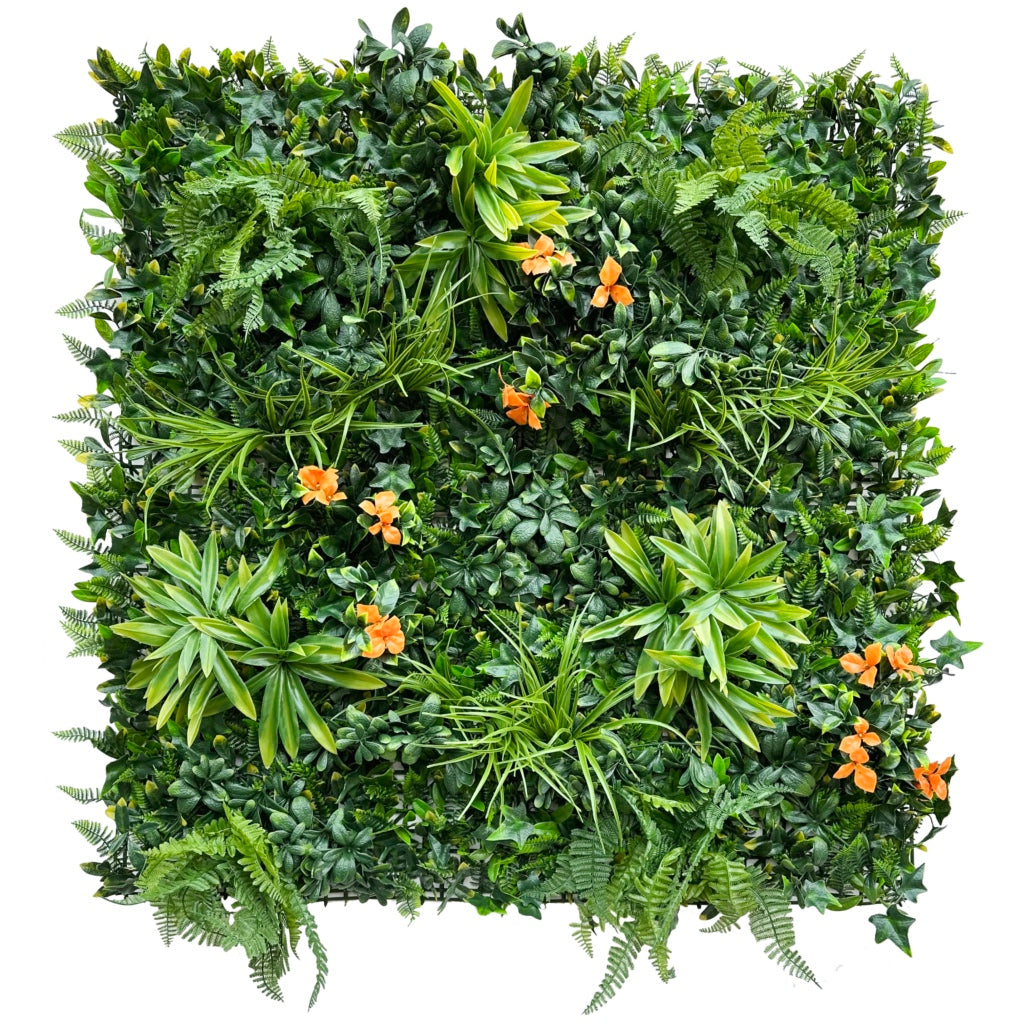 Artificial green wall panel with variegated foliage ivy palms grasses and ferns with orange flowers 100x100 cm