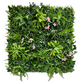 Artificial green wall panel with variegated foliage ivy palms grasses and ferns with pink flowers 100x100 cm
