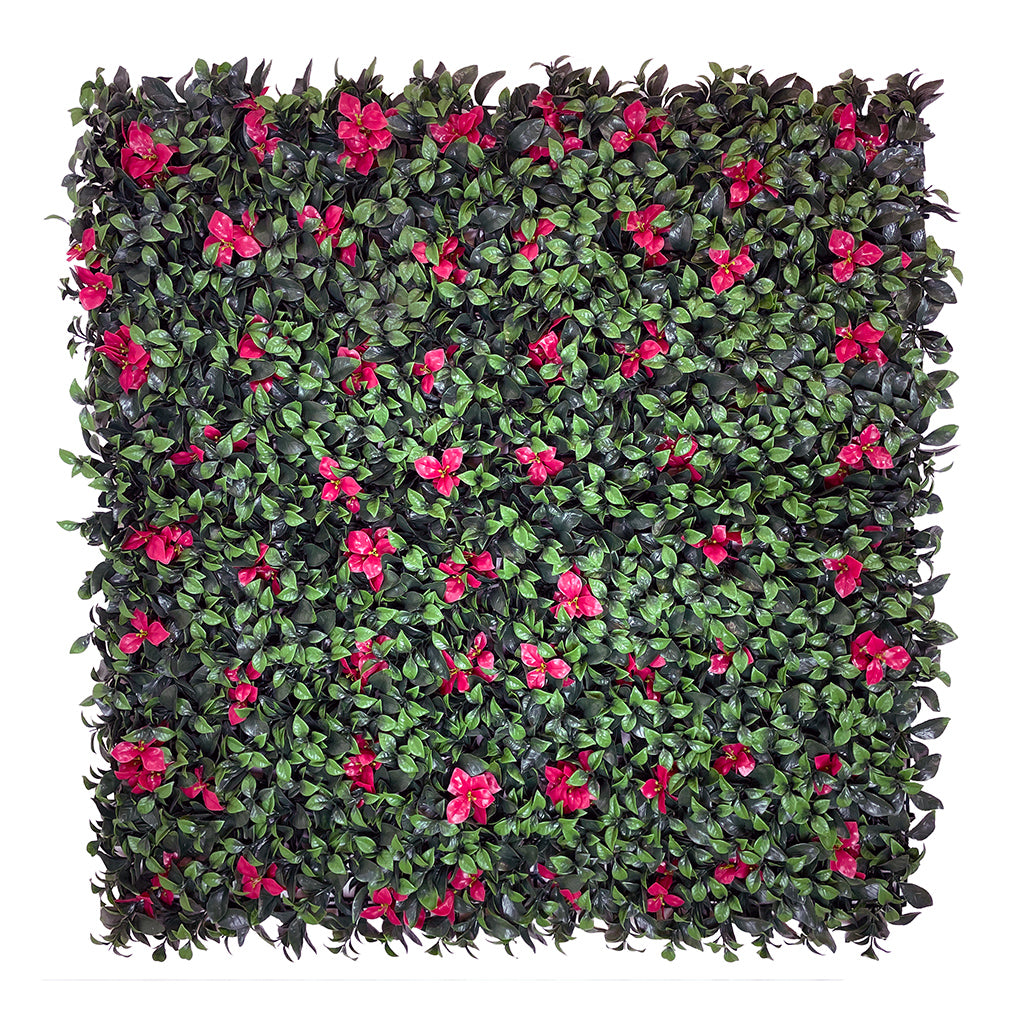 Artificial green wall panel with variegated green foliage and red gardenia flowers 100x100 cm