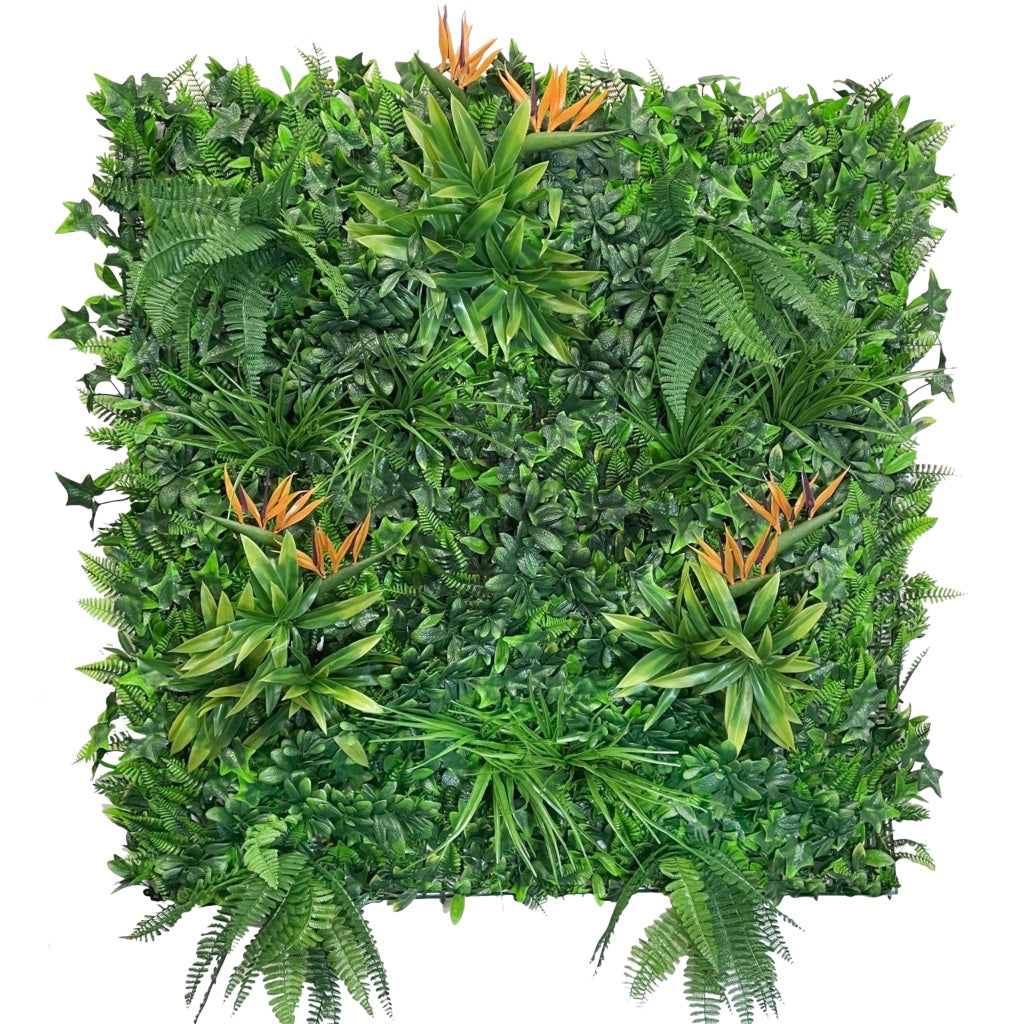 Artificial Tropical green wall with Birds of Paradise 100x100 cm
