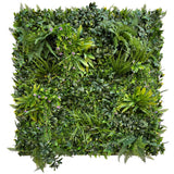 Artificial green wall panel with variegated foliage and pink trailing plants