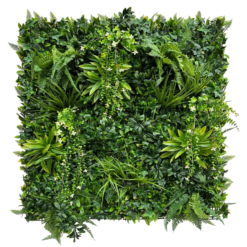Artificial green wall panel with variegated foliage and trailing white flowers 100x100 cm
