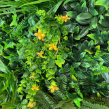 Artificial green wall panel with variegated foliage and trailing yellow flowers 100x100 cm