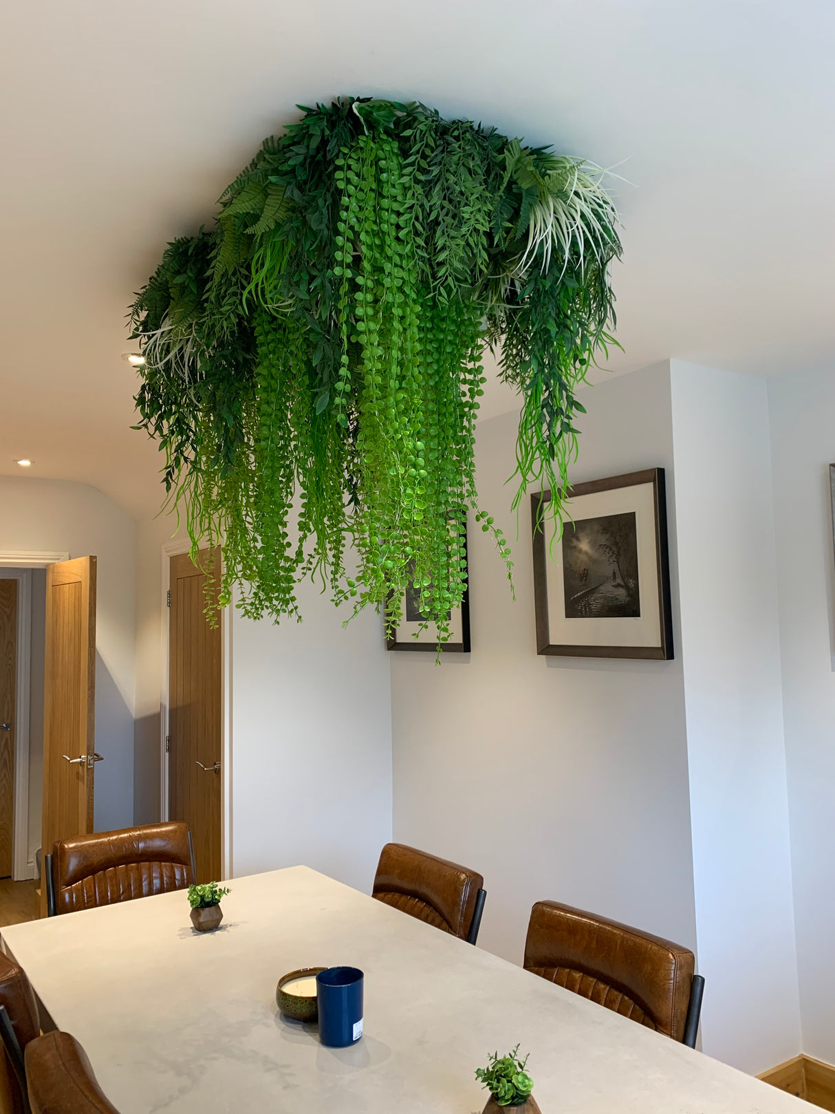 Artificial 3D hanging raft with lush green foliage and trailing plants 100x50cm ceiling or wall