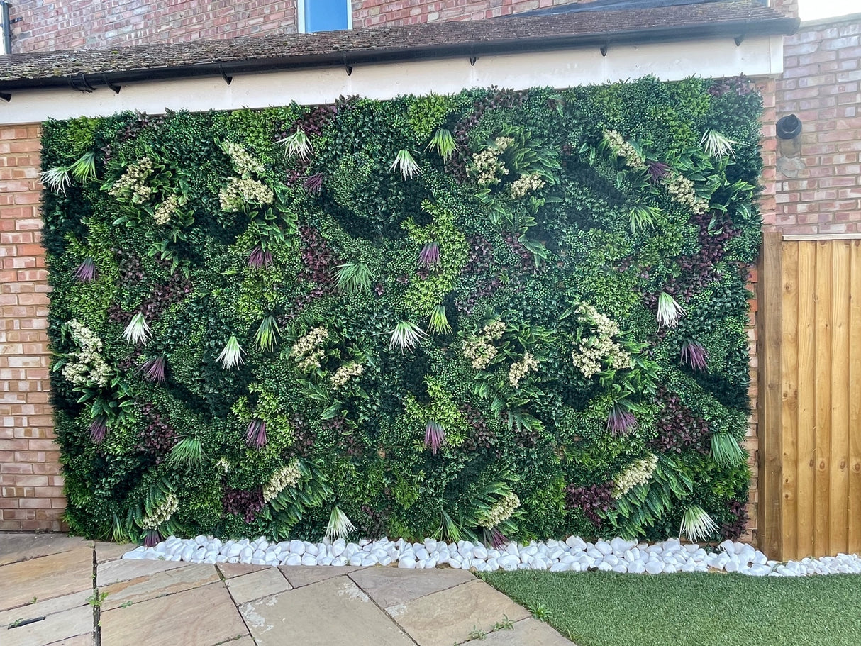 Combo of 3 x Artificial green wall panel with variegated mixed green red and white foliage