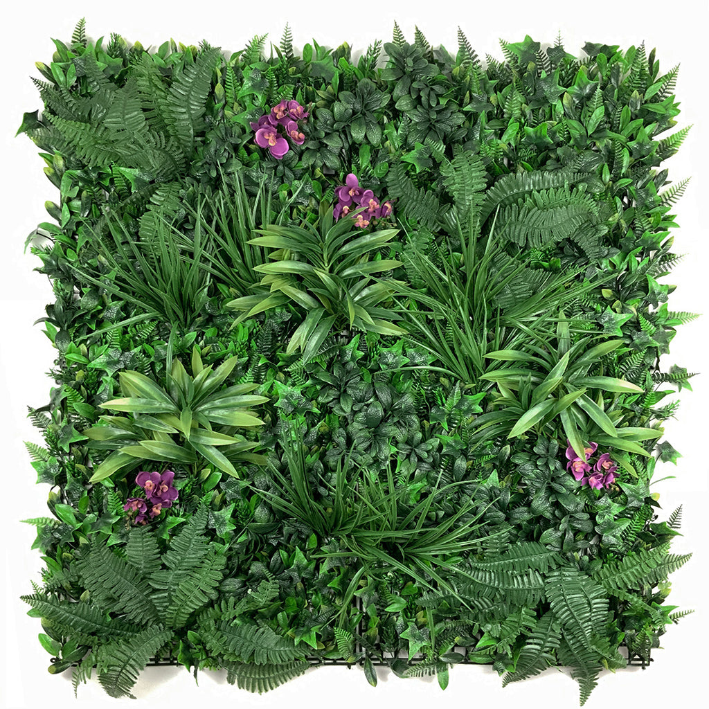 Artificial green wall panel with variegated foliage and purple orchids 100x100 cm