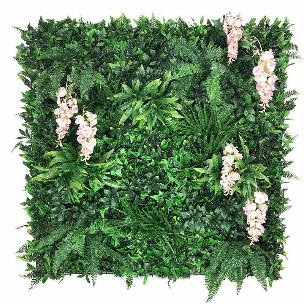 Artificial green wall panel with variegated foliage and pink trailing wisteria 100x100 cm