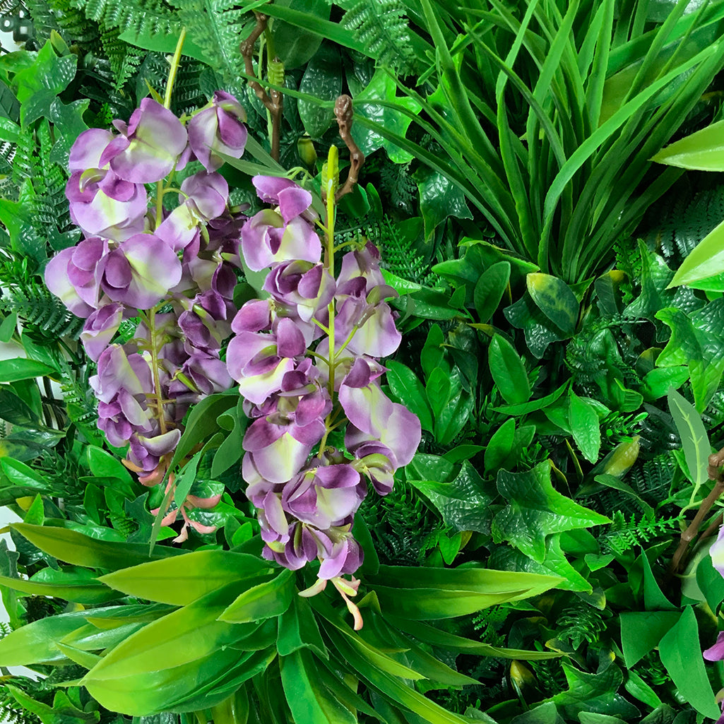 Artificial green wall panel with variegated foliage and purple trailing wisteria 100x100 cm