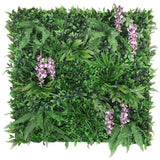 Artificial green wall panel with variegated foliage and purple trailing wisteria 100x100 cm