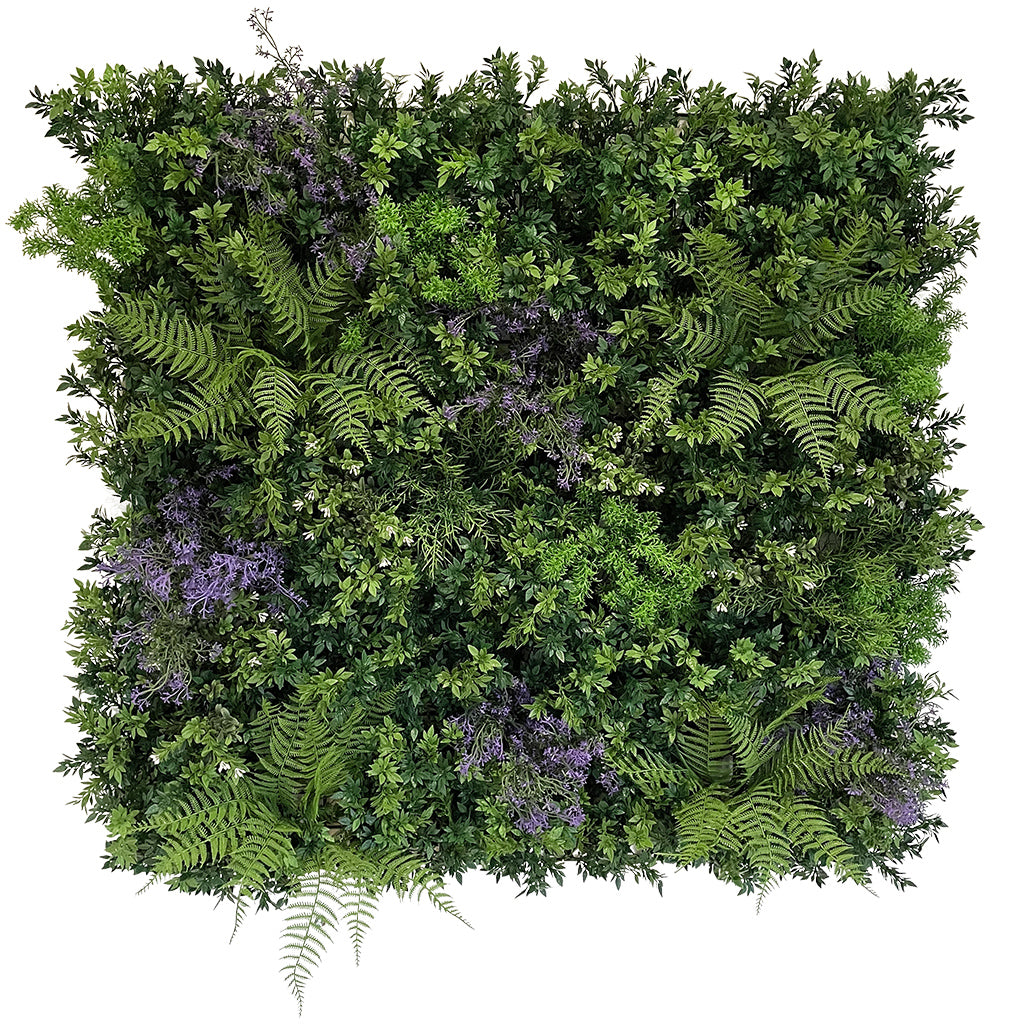 Artificial 3D plant wall with green foliage and small purple flowers - 100x100cm