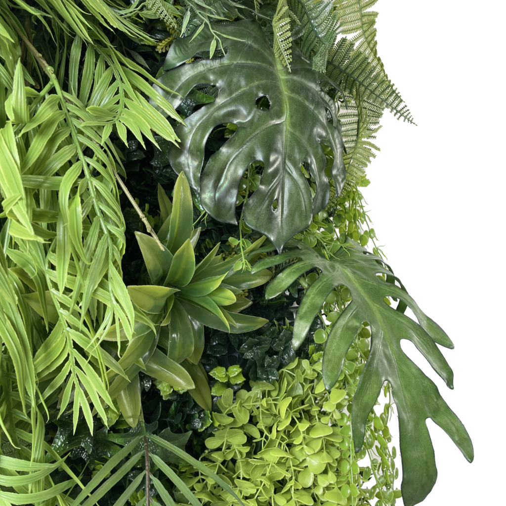 Green jungle tropical artificial 3D plant wall with lush green tropical foliage and trailing plants 100x100cm for ceiling or walls