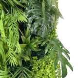 Green jungle tropical artificial 3D plant wall with lush green tropical foliage and trailing plants 100x100cm for ceiling or walls