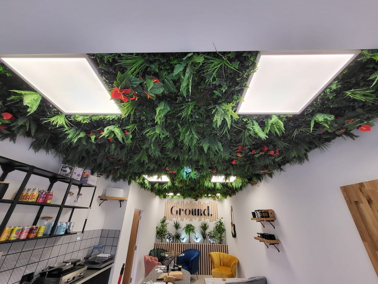 Artificial green wall mixed plant panel with ferns and grasses & red anthuriums 100x100 cm