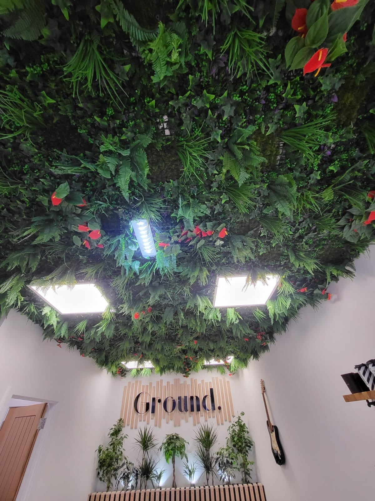 Artificial green wall mixed plant panel with ferns and grasses & red anthuriums 100x100 cm