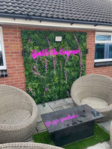 Artificial green wall panel with variegated foliage and purple trailing bacopa 100x100 cm