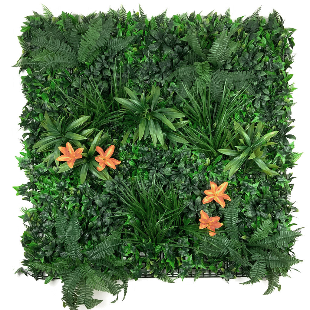 Artificial green wall panel with variegated foliage and orange tiger lillies 100x100 cm
