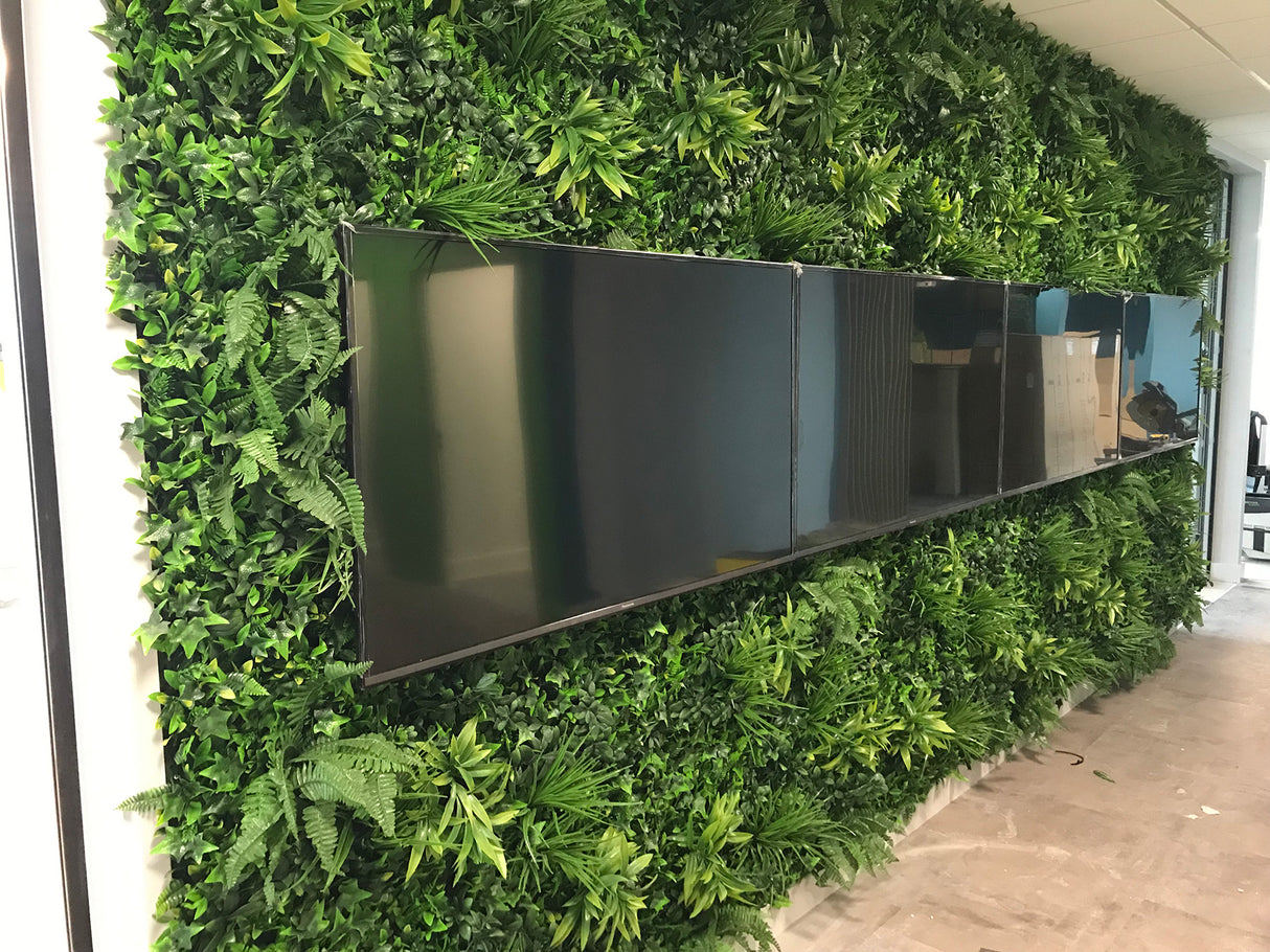 Artificial green wall panel with variegated foliage ivy palms grasses and ferns 100x100 cm - www.greenplantwalls.co.uk